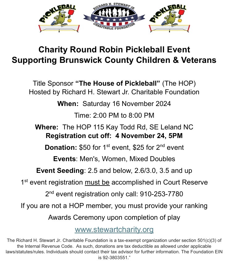 Brunswick County Pickleball Tourney at the Hop 11/16/24